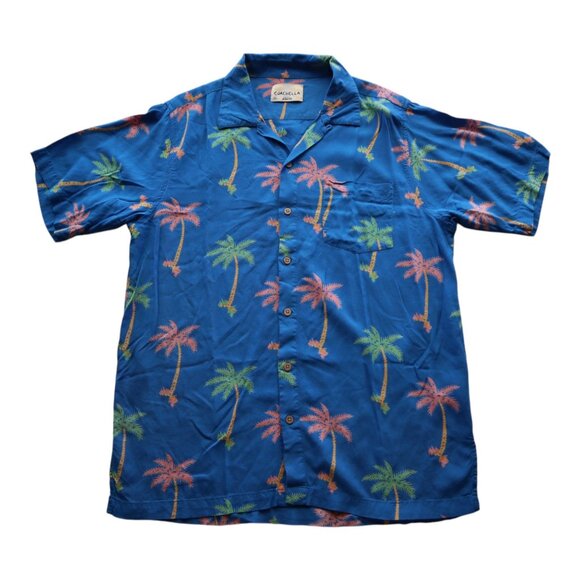 Men's Coachella Blue Hawaiian Palm Tree Print Short Sleeve Shirt M 100% Rayon - Picture 1 of 8